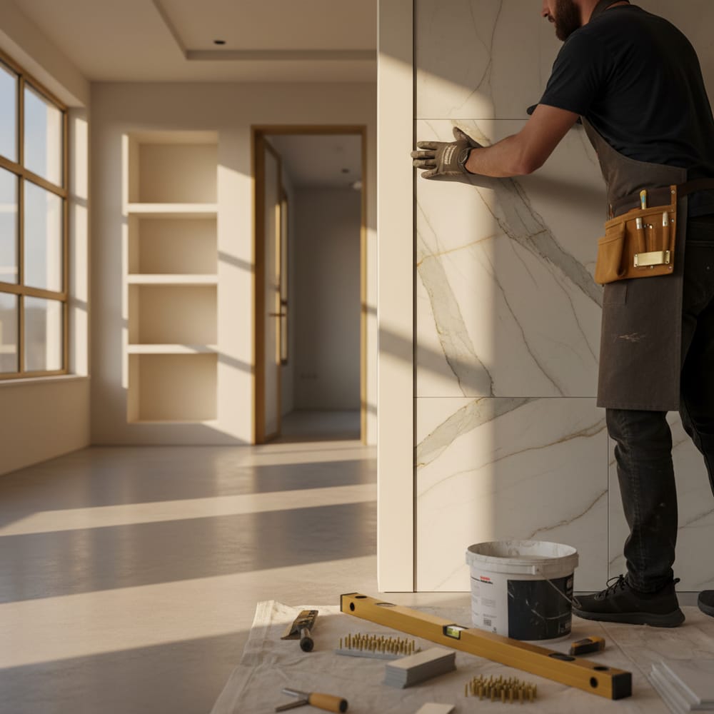 Albañil de RENOVA instalando porcelanato de gran formato en una reforma en Cataluña